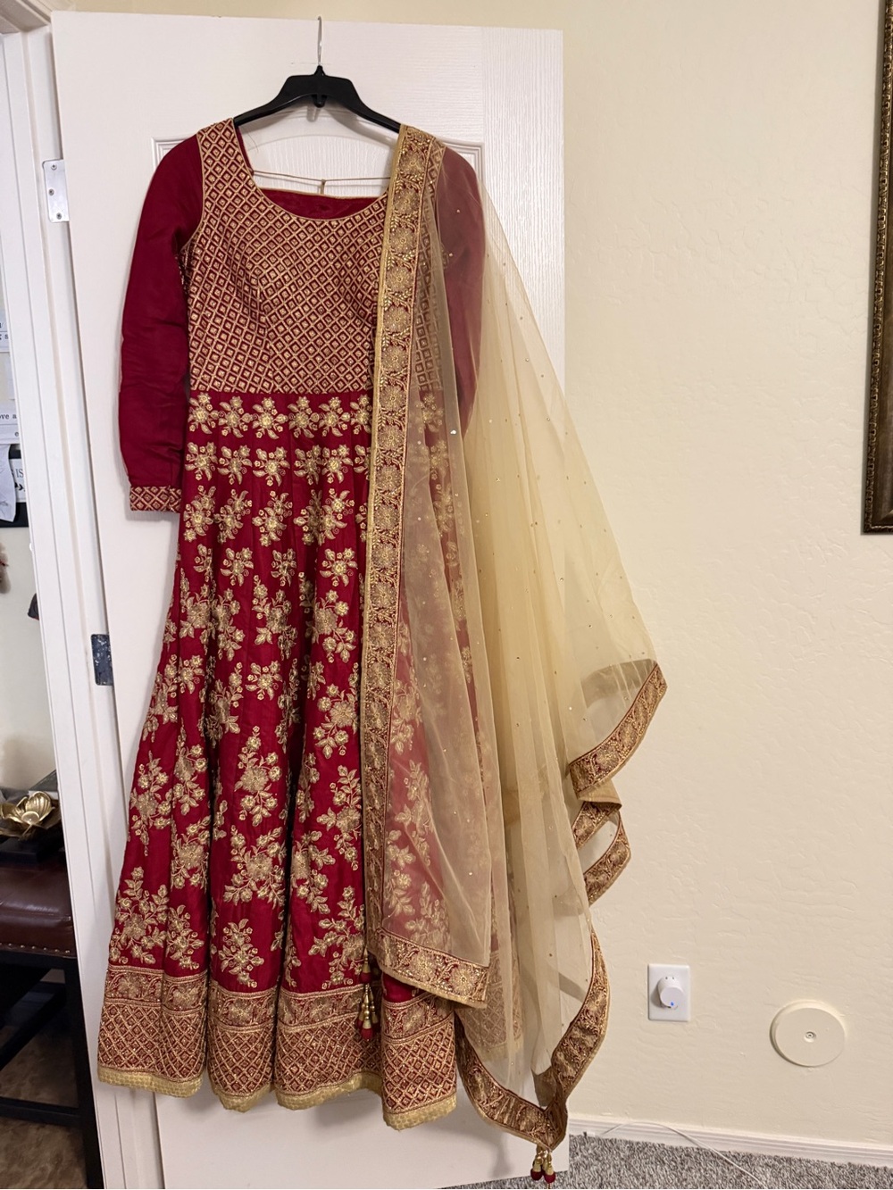 Maroon anarkali gown with Gold Dupatta